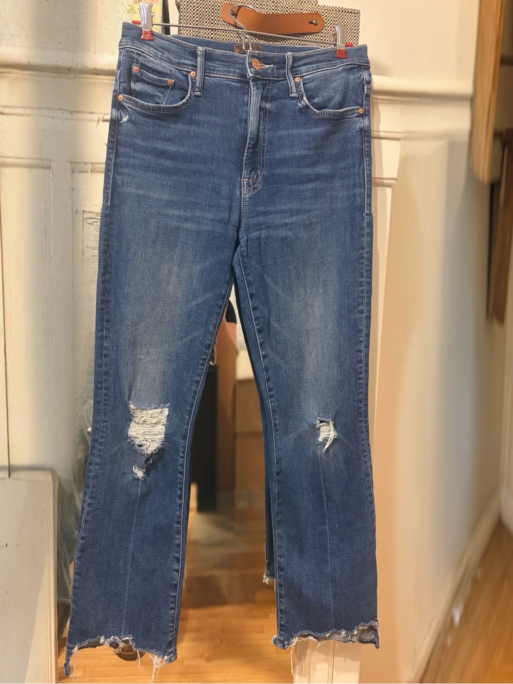 MOTHER Straight-Leg Distressed Blue Jeans